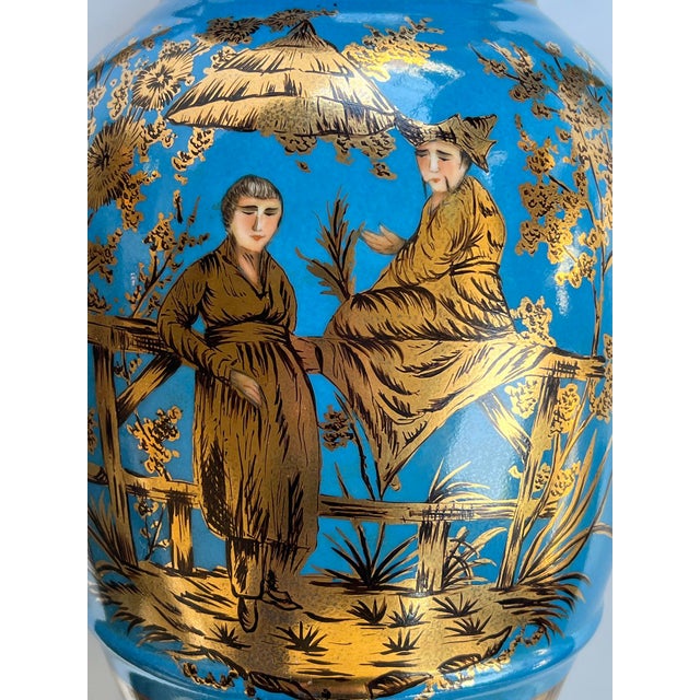 Pair of French Paris Porcelain Chinoiserie Gilt and Cerulean Blue Ground Vases For Sale - Image 13 of 15