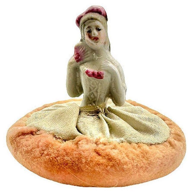 Rococo Mid 20th Century German Porcelain Boudoir Doll Powder Puff Pin Cushion For Sale - Image 3 of 6