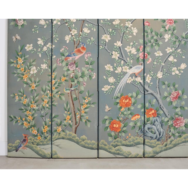 Wood Gracie Style 8 Panel Chinoiserie Painted Wallpaper Screen 12 Ft For Sale - Image 7 of 18