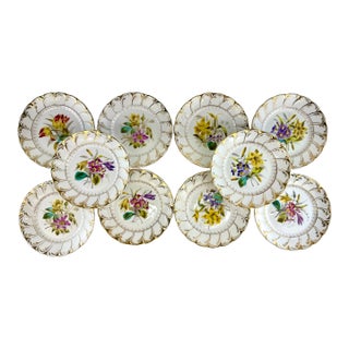 Antique German Porcelain Floral Plates in the Manner of Carl Tielsch - Set of 12 For Sale
