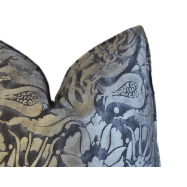 Custom-tailored pillow in Italian Mariano Fortuny cotton fabric called "Melagrana" in a black (dark purple) and silver...