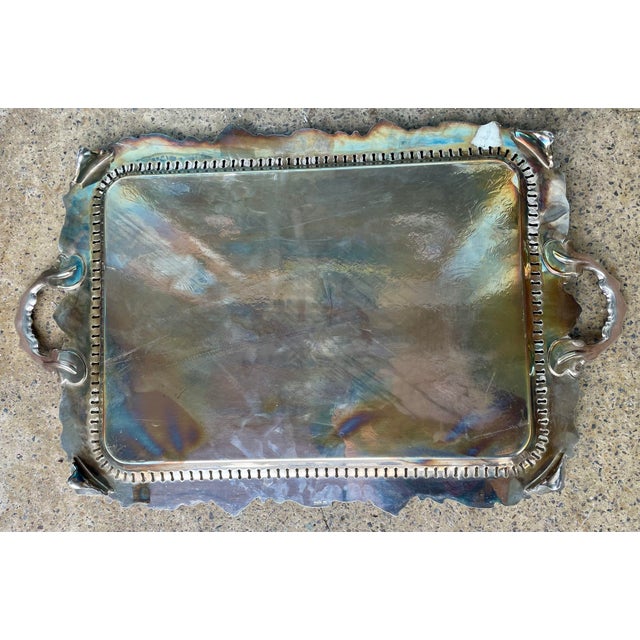 Mid 20th Century Birmingham Large Footed Silver Plate Serving Tray Etched Reticulated Raised Edge For Sale - Image 11 of 12