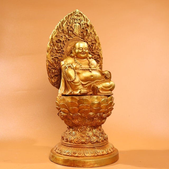 Traditional Late 20th Century Gilded Bronze Laughing Buddha Statue on Lotus Throne For Sale - Image 3 of 9