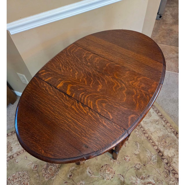 Antique English Table Drop Leaf Gateleg Barley Twist Oak Medium End Table Oval For Sale - Image 4 of 17