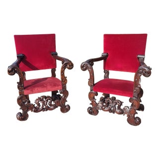 Antique Hand-Carved Walnut Thrones, 1860, Set of 2 For Sale