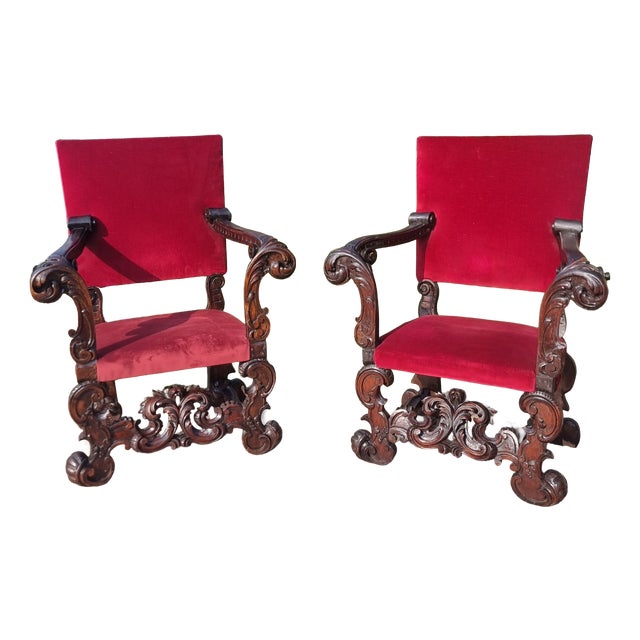 Antique Hand-Carved Walnut Thrones, 1860, Set of 2 For Sale