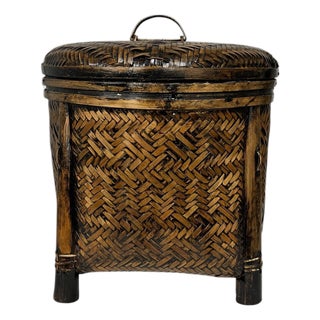 Vintage Bamboo and Woven Rattan Storage Basket For Sale
