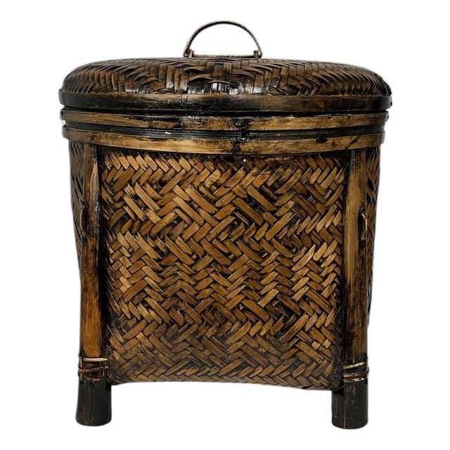 Vintage Bamboo and Woven Rattan Storage Basket For Sale