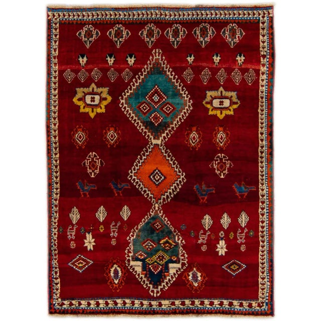 Red Vintage Shiraz Handmade Pictorial Designed Wool Rug For Sale - Image 10 of 10
