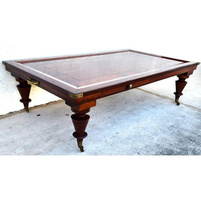 MCM Vintage Wood Inlay Extendable Coffee Table Rolling For Sale - Image 9 of 17