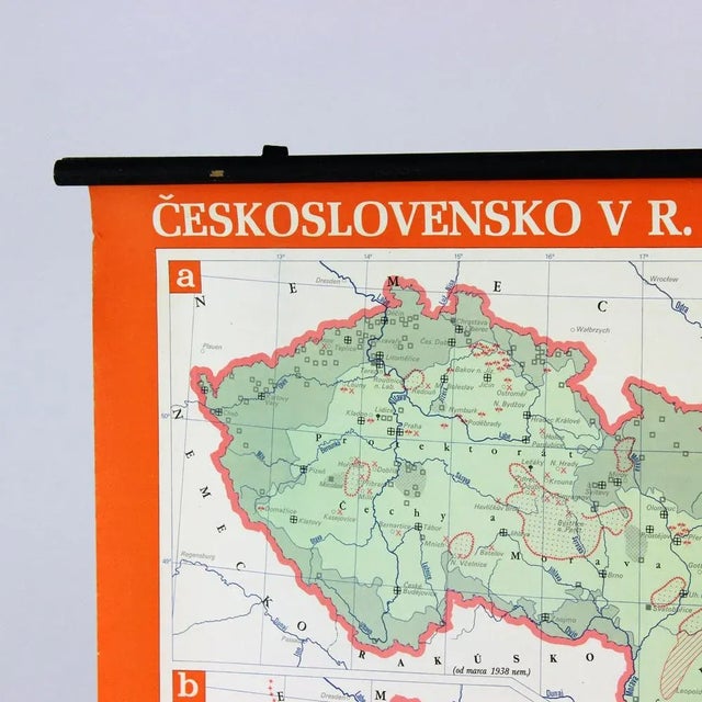 This is a great vintage school map of Czechoslovakia in 1939 - 1945. The map was produced by a National company Skolske...