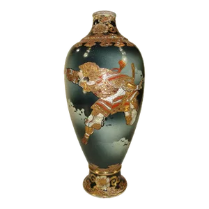 Antique 15” Meiji Period 19th Century Japanese Samuri Warriors Satsuma Vase Warrior With Detailed Decorations