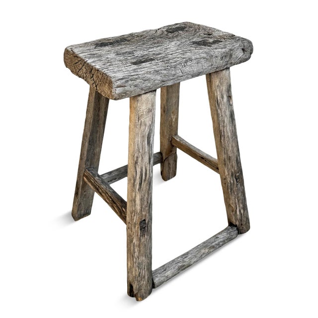 Vintage Rustic Elm Wood Work Stool For Sale - Image 4 of 8