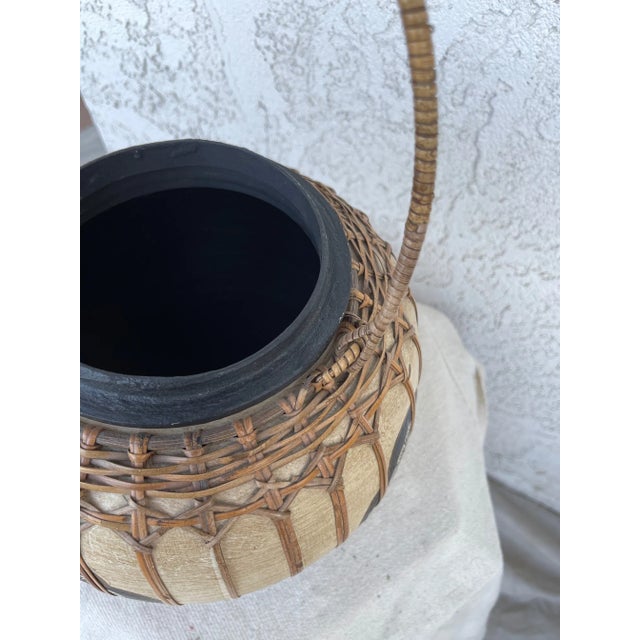 Wood Vintage Asian Paper Mache Rattan Wrapped Container With Handle For Sale - Image 7 of 8