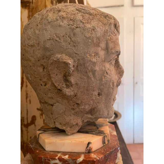 Mid 19th Century Antique Carved Stone Head of a Roman Youth, Grand Tour Style Sculptural Fragment on Marble Plinth, 19th Century For Sale - Image 5 of 10