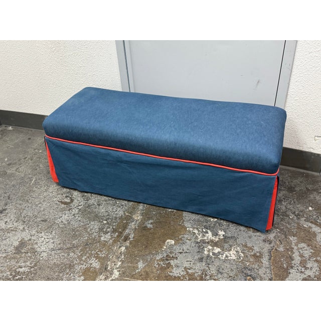 Custom Blue + Fire Orange Trim Skirted Bench For Sale - Image 10 of 12