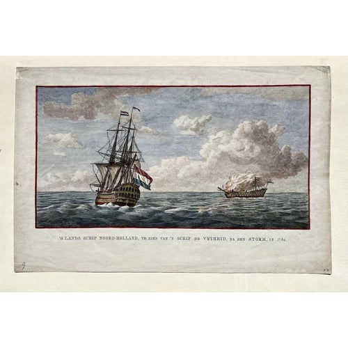 Late 18th Century Set of Two 18th Century Dutch Navy Netherlands Hand Colored Maritime Etchings Reproduction For Sale - Image 5 of 10