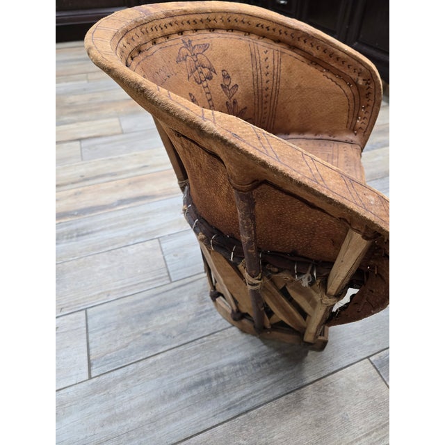 Mexican Vintage Mexican Child's Leather Equipal Barrel Chair With Pyrography Art For Sale - Image 3 of 10
