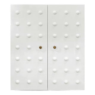 Matthew Izzo Home Beau White Lacquer Two Door Cabinet With Ball Stud Detail and Acrylic and Brass Handles For Sale