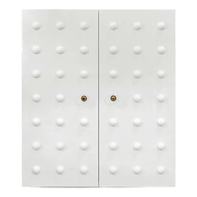 Matthew Izzo Home Beau White Lacquer Two Door Cabinet With Ball Stud Detail and Acrylic and Brass Handles For Sale