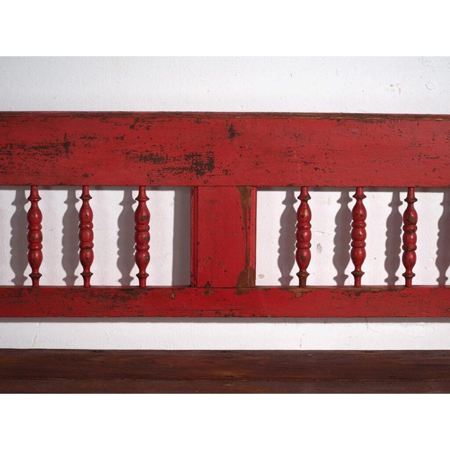 Wood Antique Painted Pine Bench with Turned Back, Central Europe, 1900 For Sale - Image 7 of 11