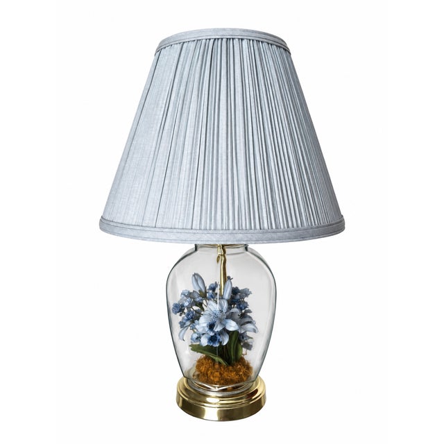 Blue Vintage Blue Floral Glass Terrarium Table Lamp With Pleated Blue Shade For Sale - Image 8 of 8