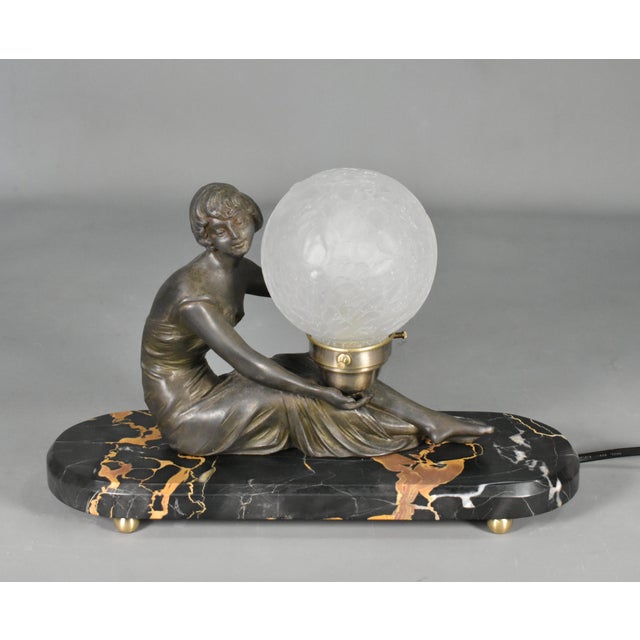 French Art Deco Lamp with Lady and Glass Globe Shade, 1920s For Sale - Image 10 of 16