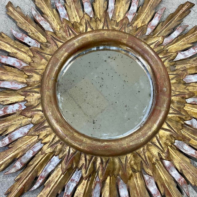 Wood French Vintage Gold and Silver Gilt Carved Sunburst Wall Mirror For Sale - Image 7 of 9