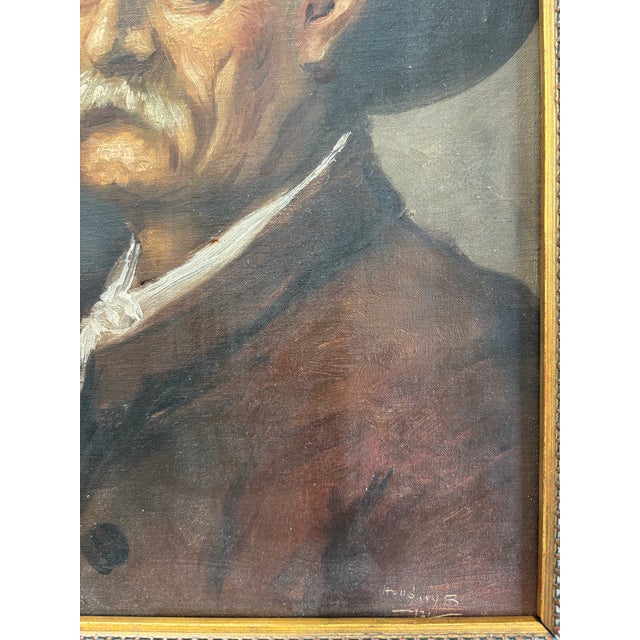 Wood Original Antique European Moody Oil Portrait Painting of Gentleman in Hat Circa 1937 For Sale - Image 7 of 12
