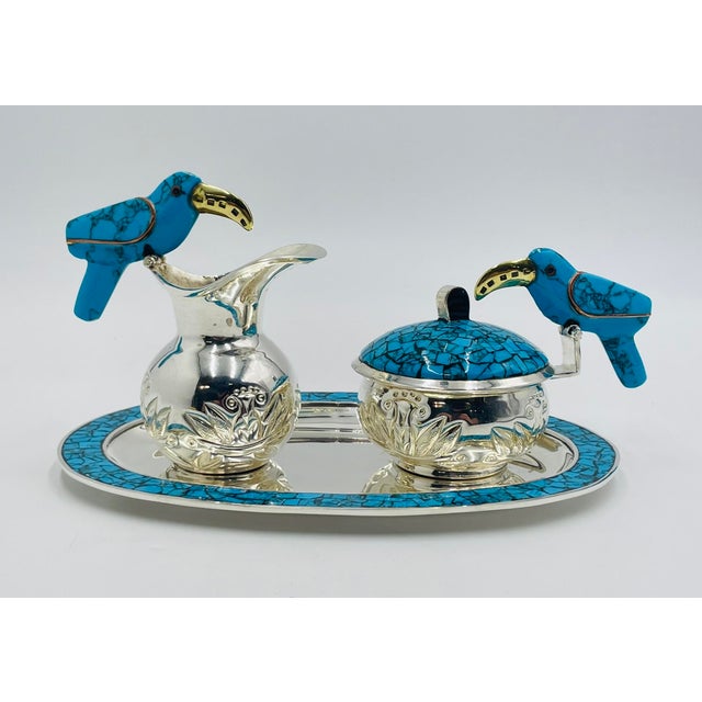 1960s Fajardo Taxco Silver Plate Brass Lapis Toucan Creamer Sugar Tray Set - 3pcs For Sale In Los Angeles - Image 6 of 18