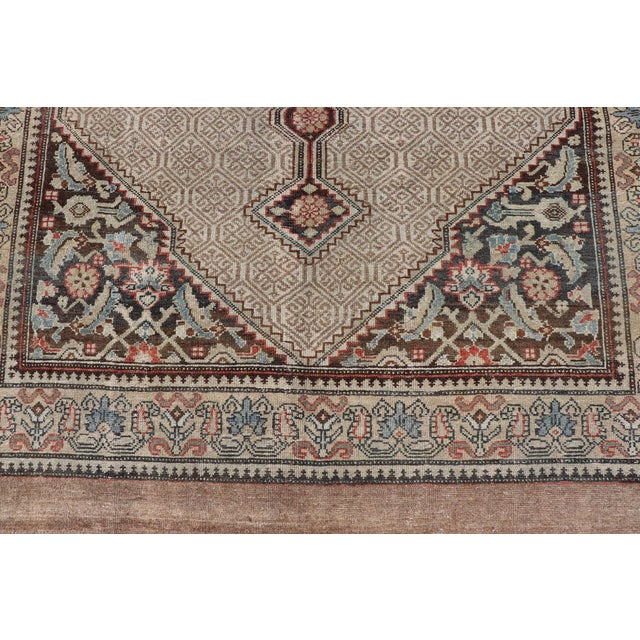 Tribal Antique Persian Serab Camel Hair Rug With Medallion and Geometric Design 6'7 X 10'7 For Sale - Image 3 of 15