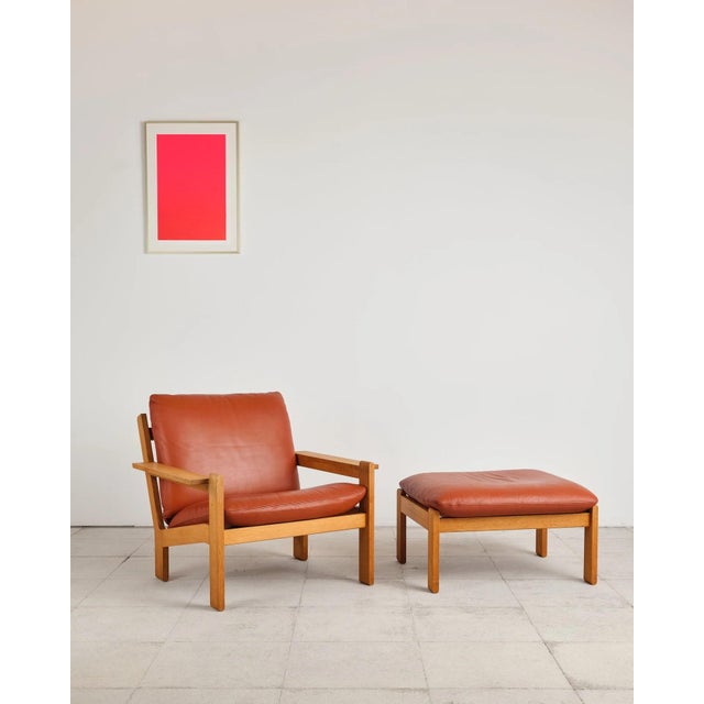 Brutalist Lounge Chair with Ottoman in Oak and Leather by Tage Poulsen, Denmark, 1960s, Set of 2 For Sale - Image 6 of 18