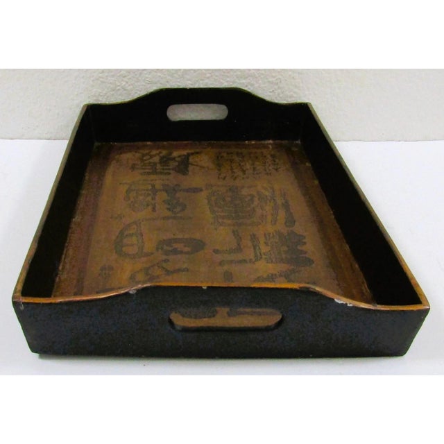 Japanese Antique Japanese Kanji Calligraphy Wood Serving Tray Obon With Stamp Signature For Sale - Image 3 of 11