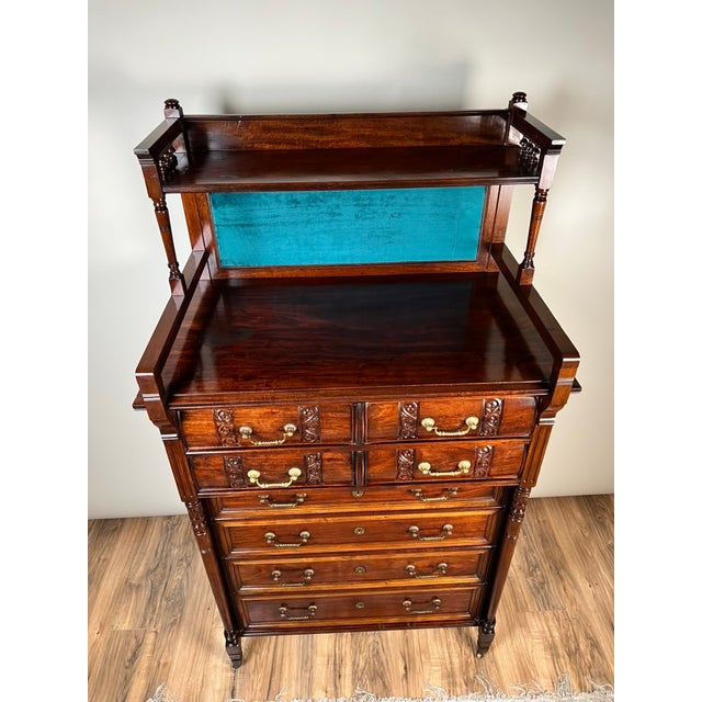 Traditional Antique Victorian Aesthetic Movement Mahogany Four Over Four Gentlemen’s Chest C. 1880 For Sale - Image 3 of 13