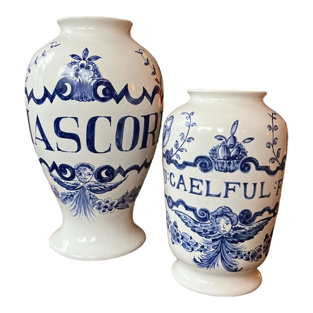 1980s Hand Painted Blue and White Azulejos Delft Apothecary Jar Vase Portugal a Pair For Sale