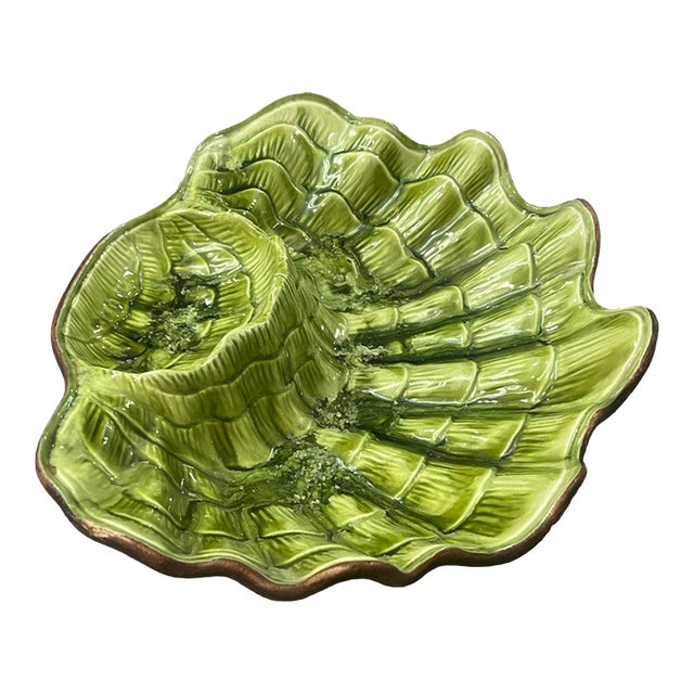 Vintage Mid Century Modern 1960s Treasure Craft Vibrant Green Sara Shell Clam Serving Dish Bowl Candy For Sale