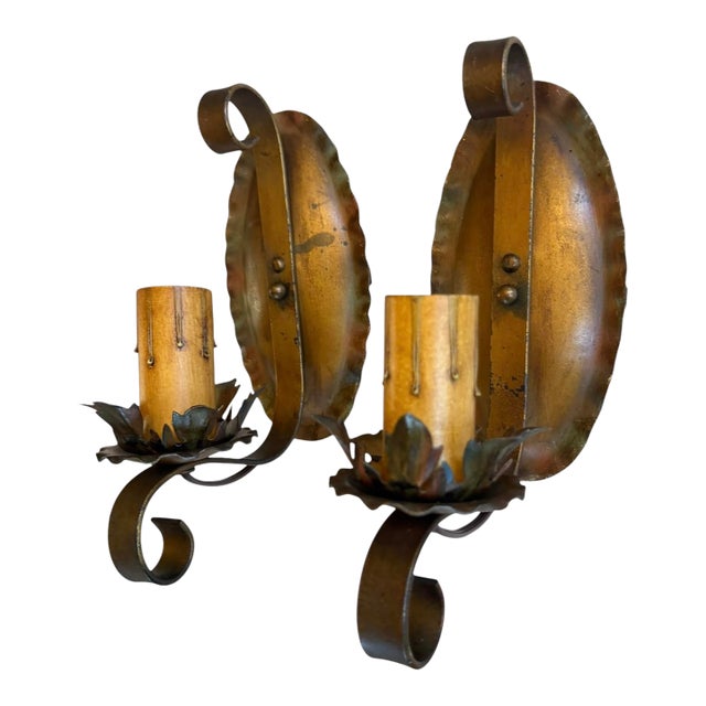 Circa 1920’s Pair of Polychrome Painted Botanical Wall Sconces For Sale
