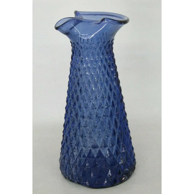 Diamond Point Pattern Blue Glass Pitcher Decanter Formed Spout Vase For Sale - Image 9 of 11