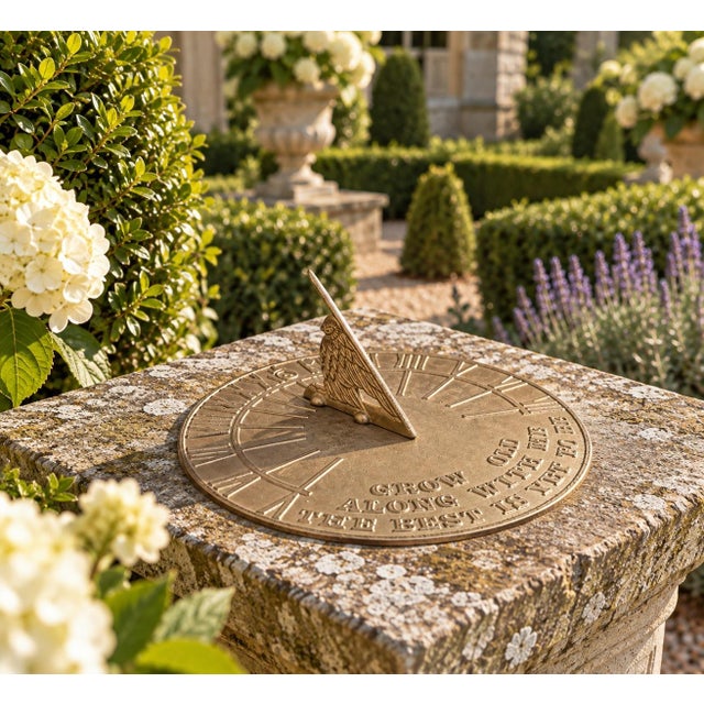 A classic vintage iron garden sundial inspired by traditional English estate landscapes, reading "Grow old along with me....