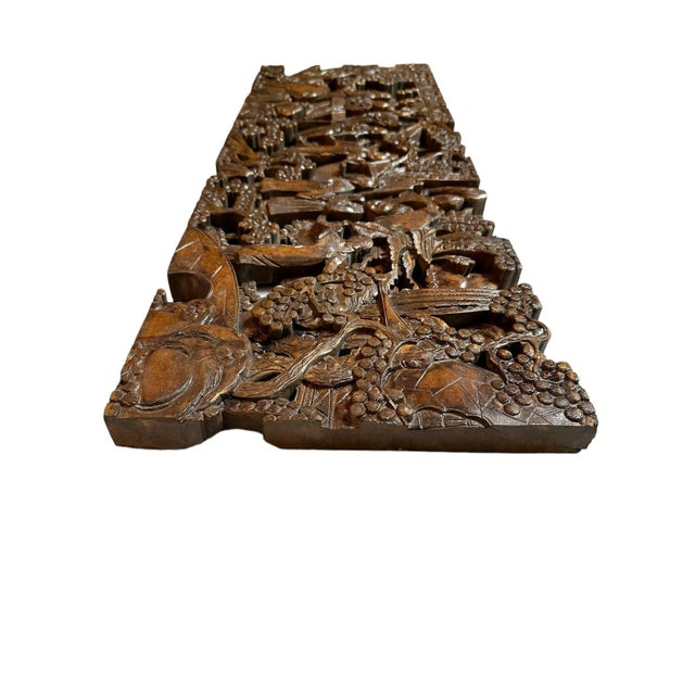 Antique Asian Hand-Carved Wall Art Wood Sculpture Fine Art Scenes For Sale - Image 9 of 12