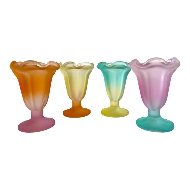 Vintage Mid Century Modern Frosted Glass Multicolor Pastel Parfait Tulip Dessert Cups - Set of 4 For Sale