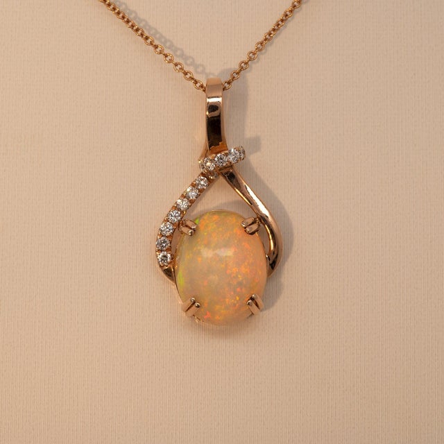Ethiopian Opal Pendant With Natural Diamond Accents in Solid 14k Gold, 10x8mm For Sale - Image 4 of 7