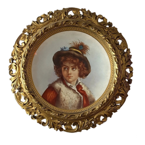 Rare 19th C. Hand-Painted Porcelain Child Portrait in Round Gilt Frame, KPM Style — Artist Signed “Dannus”