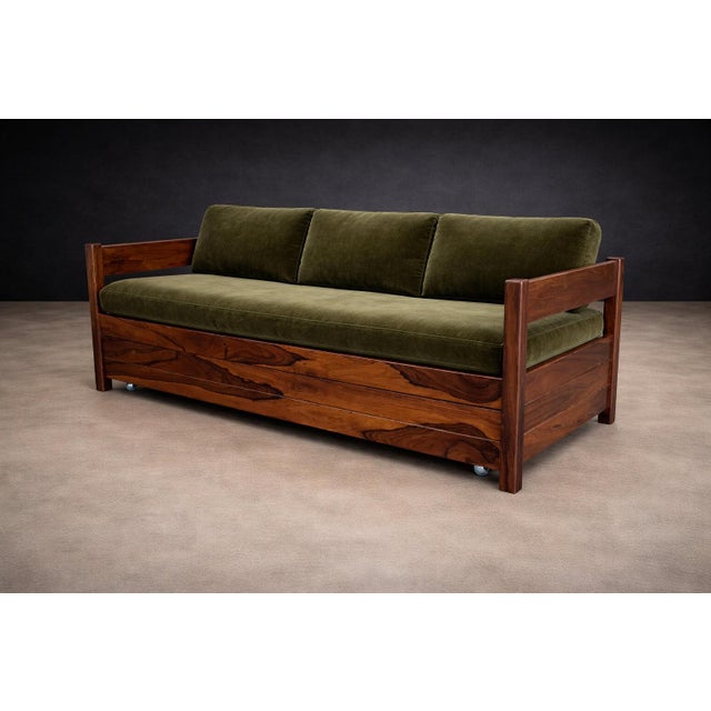 Brazilian Modern Two-in-One Rosewood Sofa & Daybed in Deep Olive Mohair, Celina For Sale - Image 4 of 16
