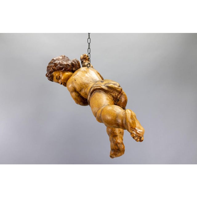 German Baroque Revival Style Polychromed Carved Wood Putto Figure For Sale - Image 15 of 18