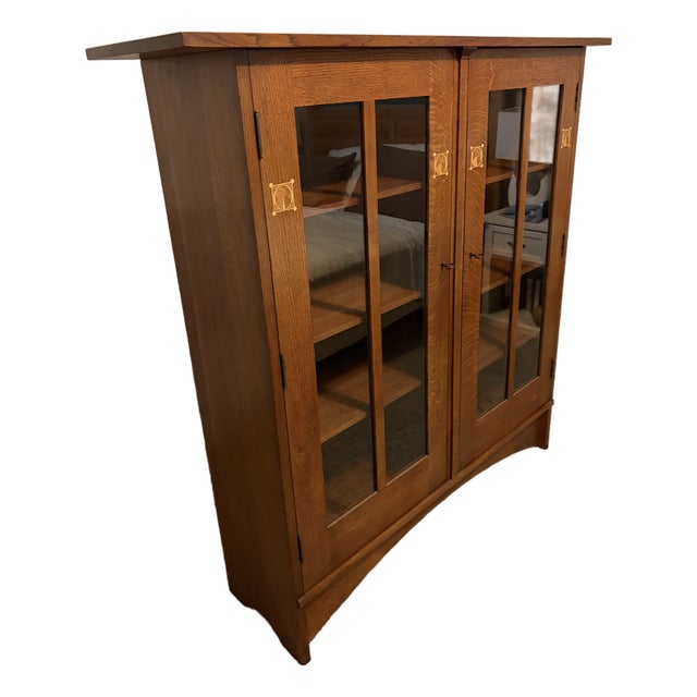 Stickley Mission Collection Harvey Ellis Inlaid Oak Bookcase For Sale