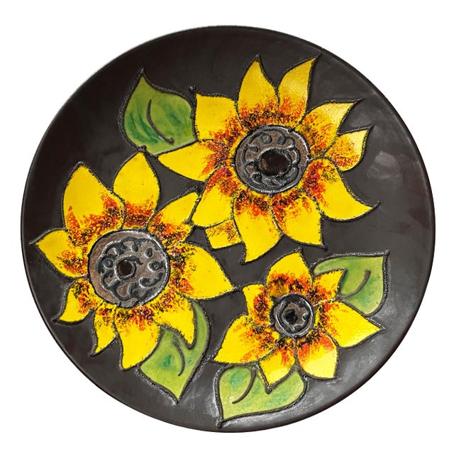 Mid-Century German Studio Pottery Wall Plate with Sunflower Design from Ruscha, 1960s For Sale