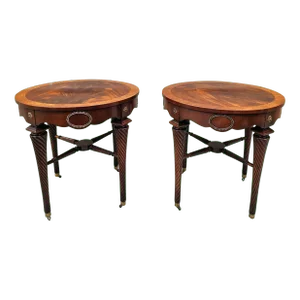 Pair of Vintage Round Flame Mahogany Top Twisted Tapered Legged Side Tables