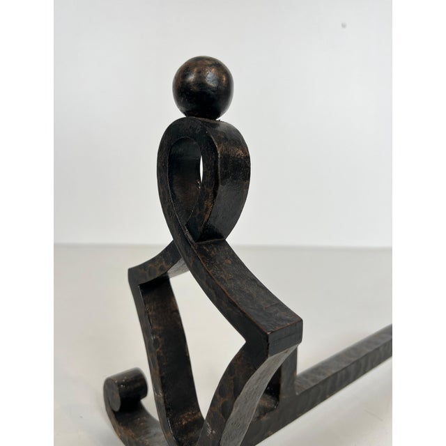 Pair of modernist wrought iron andirons. French work. Circa 1940 For Sale - Image 12 of 12