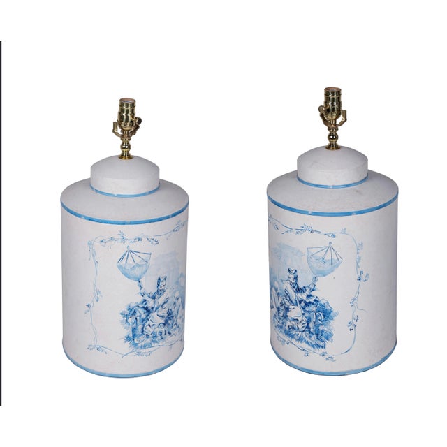 Pair of vintage British export tea caddy hand-painted chinoiserie figurine lamps. This pair of table lamps is a typical...